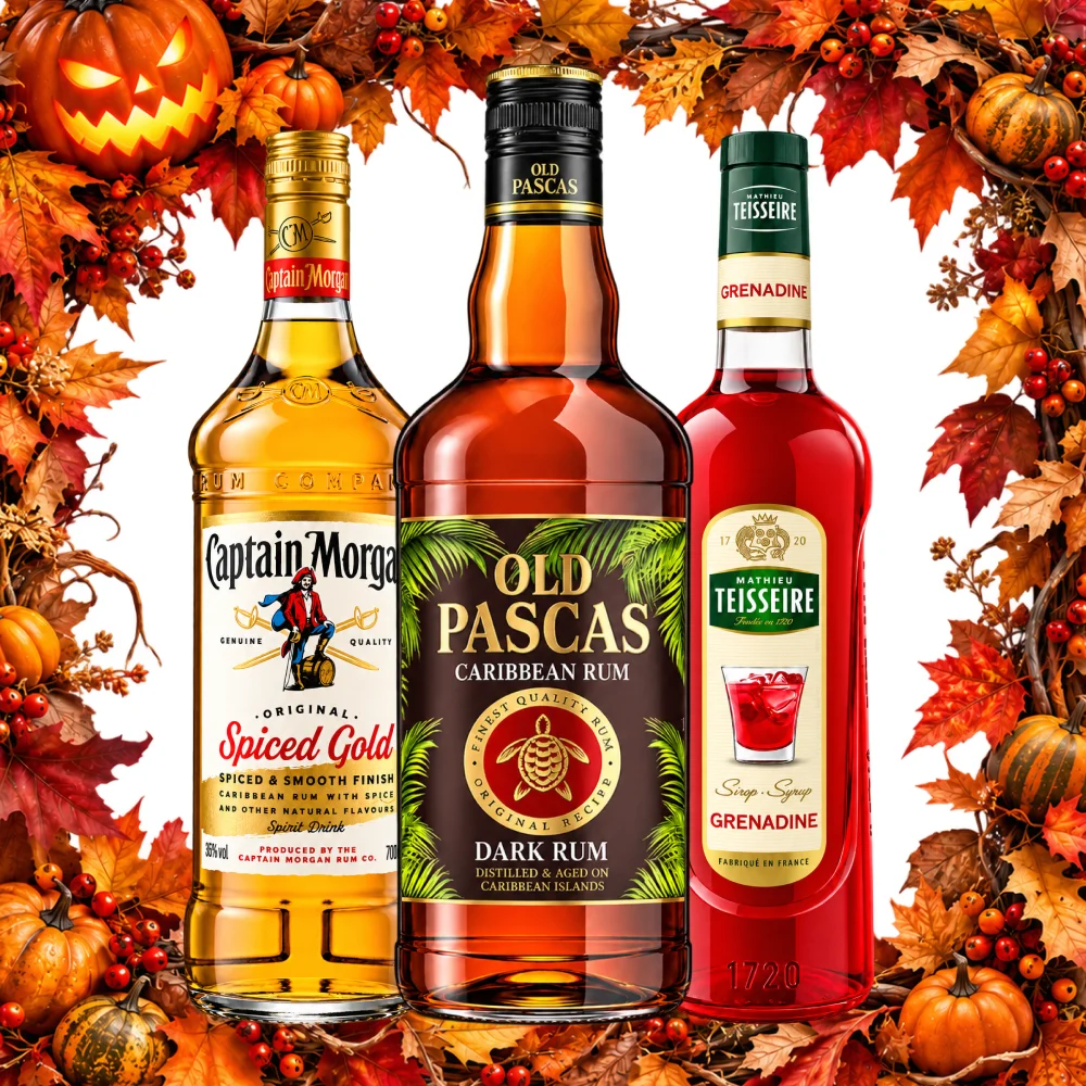 Set Piratenblut Punch (Captain Morgan Spiced Gold Rum 35% Vol. 0.7L+Old Pascas Dark Rum 37.5% Vol. 1L+Teisseire Grenadine Sirup Vol. 0.7L)