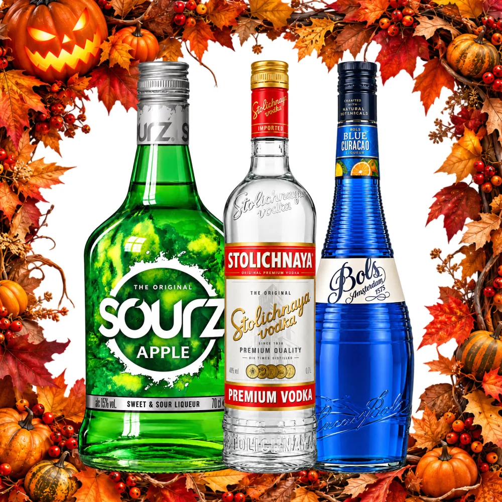 Set Zombie Apple (Stolichnaya Vodka 40% Vol. 0.7L+Sourz Apple Likör 15% Vol. 0.7L+Bols Blue Curacao Likör 21% Vol. 0.7L)